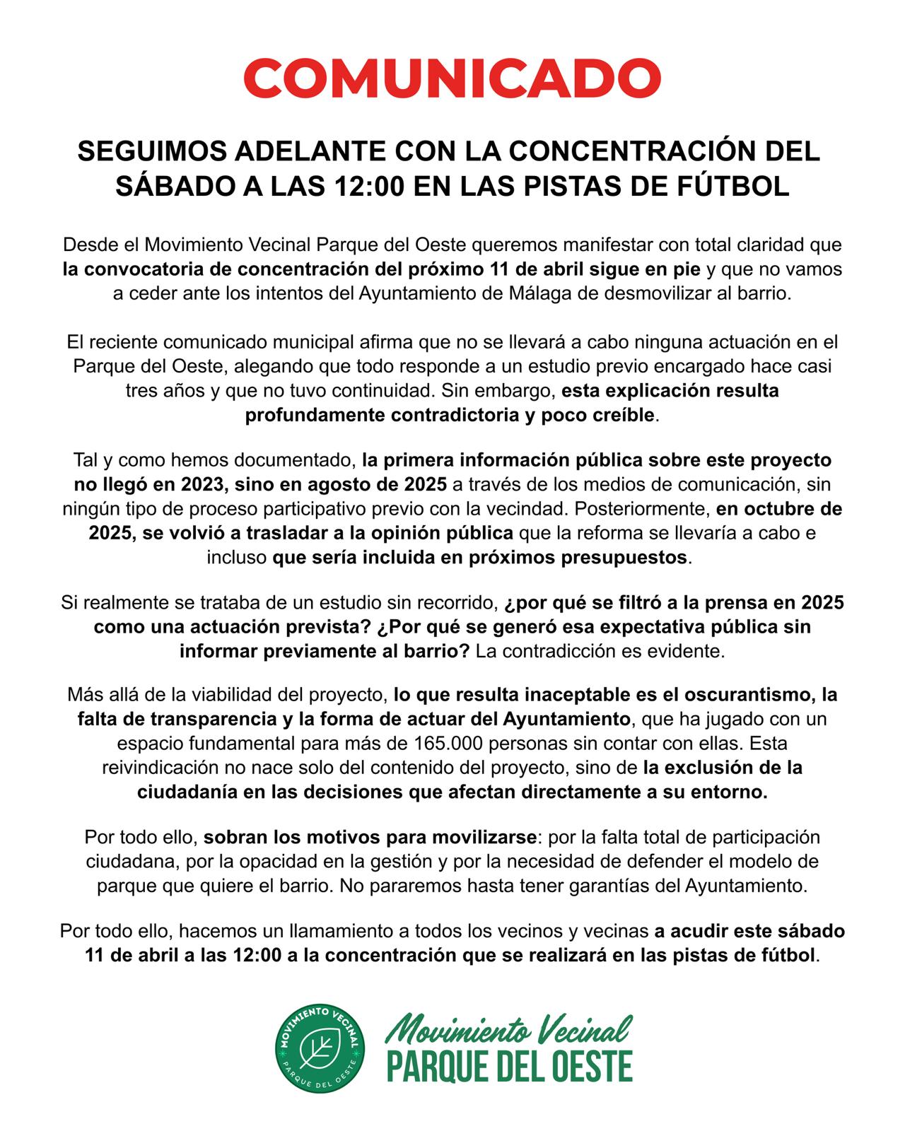 Comunicado del Movimiento Vecinal Parque del Oeste